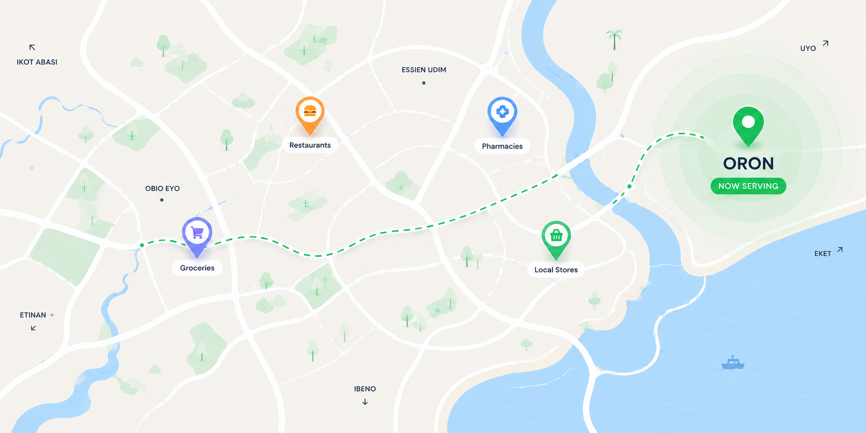 Map showing Oron — now serving